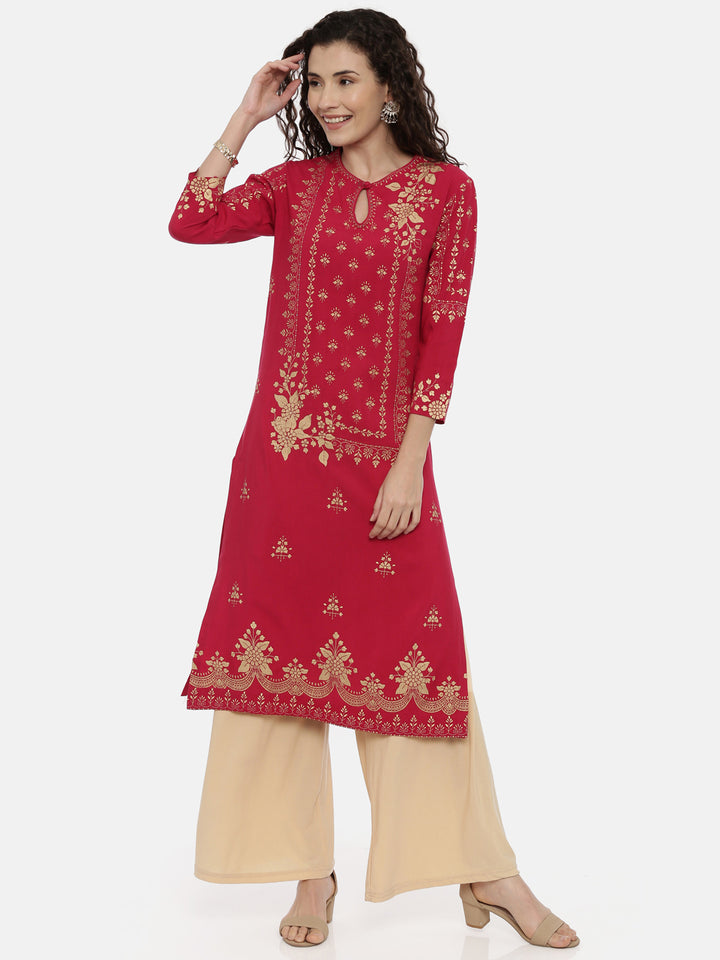 Neerus Red Rayon Printed Kurta - detail view 2