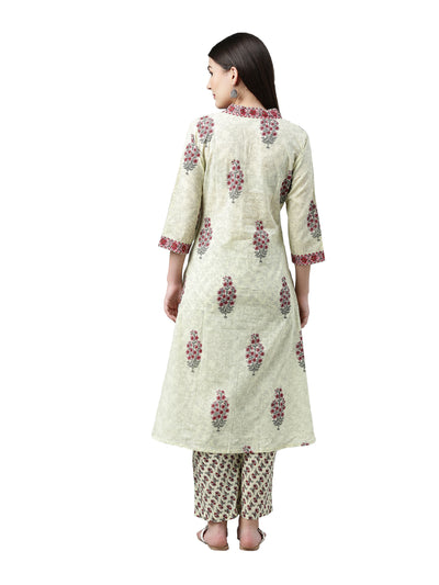 Neerus Women Green  Maroon Printed Kurta with Trousers