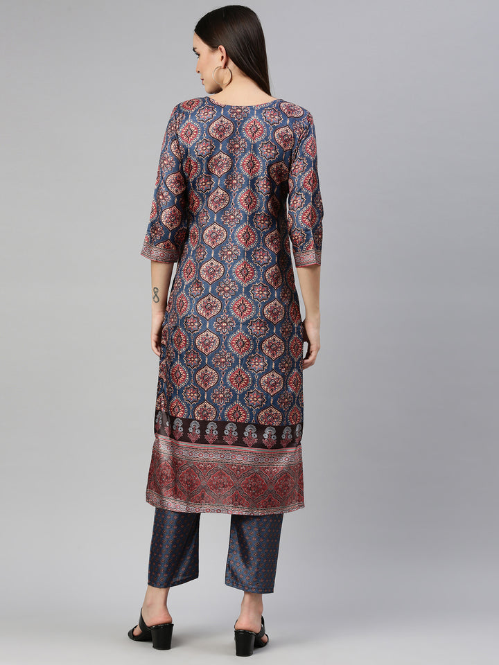 Neerus Women Blue Ethnic Motifs Printed Dupion Silk Kurta with Trousers