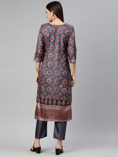 Neerus Women Blue Ethnic Motifs Printed Dupion Silk Kurta with Trousers