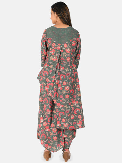 Neerus Women Green Pink Printed A-Line Kurta