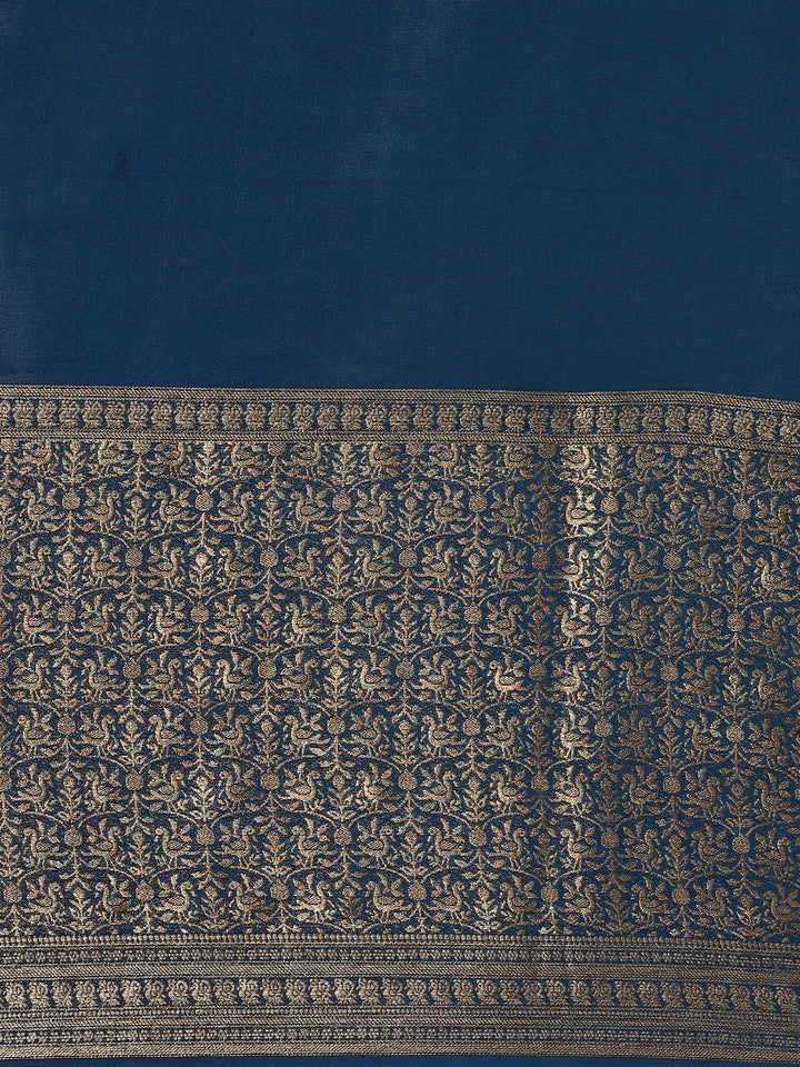 Navy Blue Mysore Crepe Saree With Zari Jaal Border