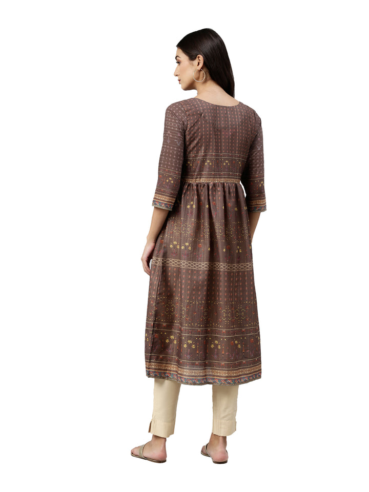 Neerus Brown printed anarkali kurta ethnic motifs - detail view 2