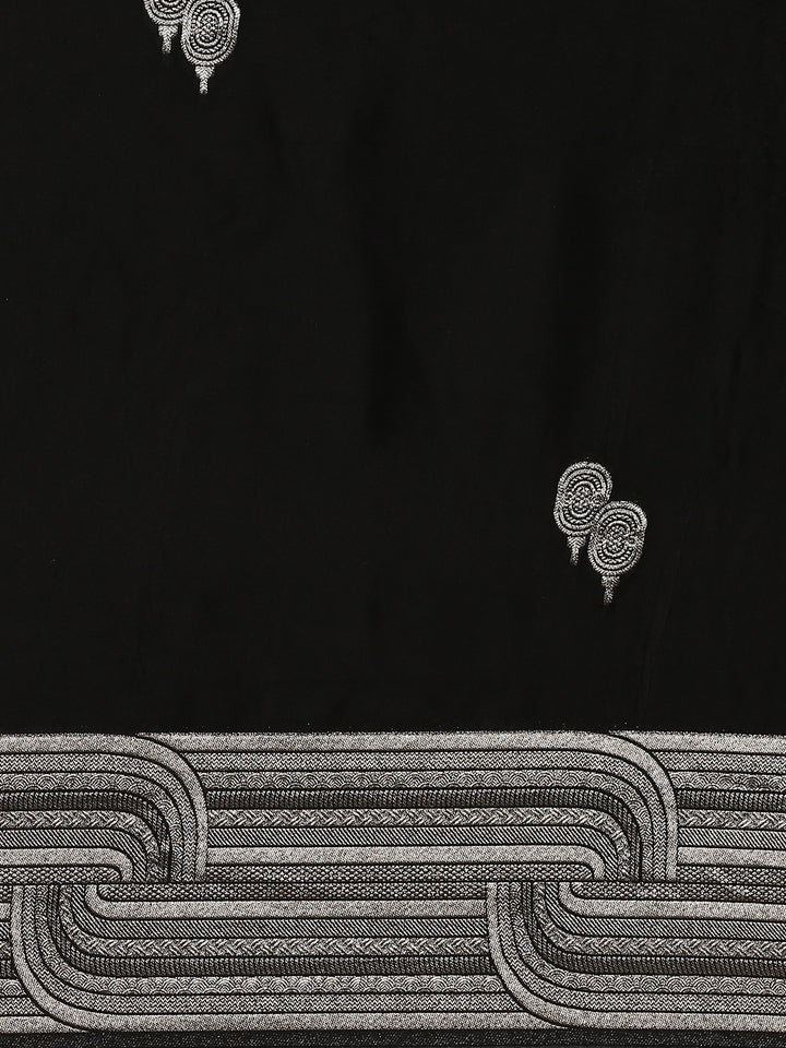 Black banaras silk saree with silver zari motifs & border