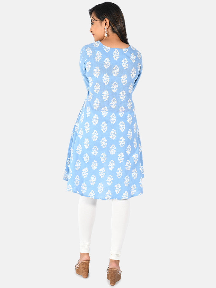 Neerus Blue printed A-Line kurta for women - side view