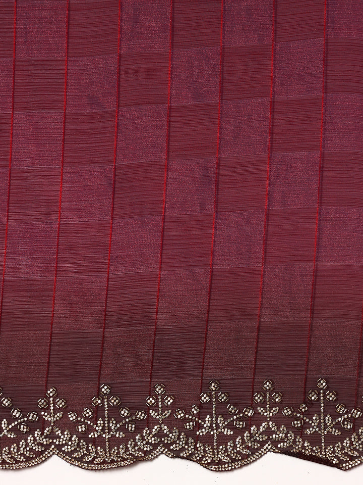 Maroon jacquard satin organza saree with hand embroidery