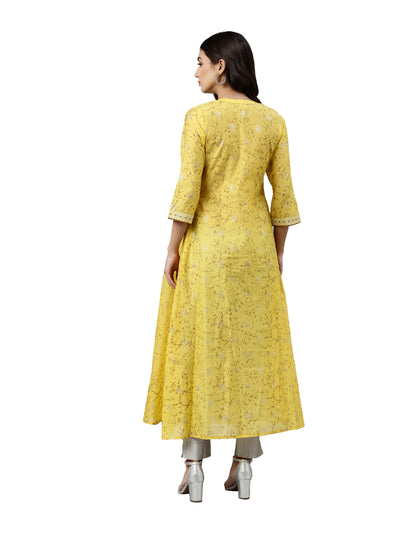 Neerus Women Yellow  Gold-Toned Printed Thread Work Anarkali Kurta