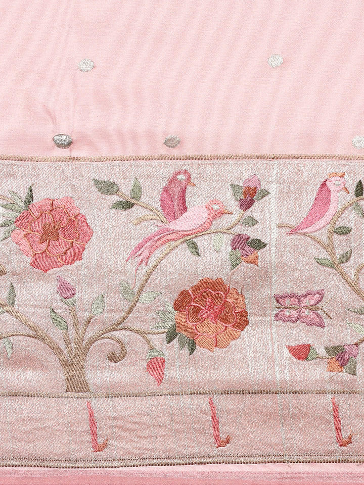 Baby Pink Banaras Silk Saree With Meena Border And Motifs