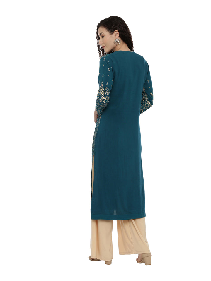 Neerus Green viscose rayon printed kurti - side view