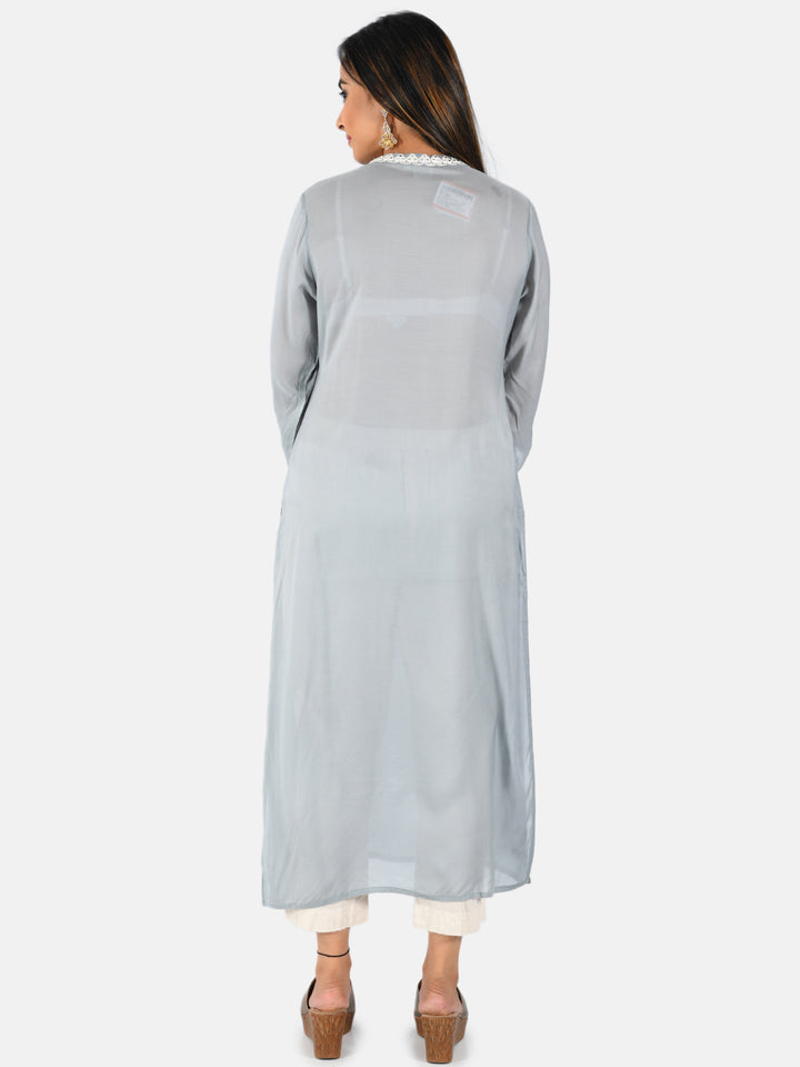 Neerus Grey mirror work embroidered straight kurta - side view