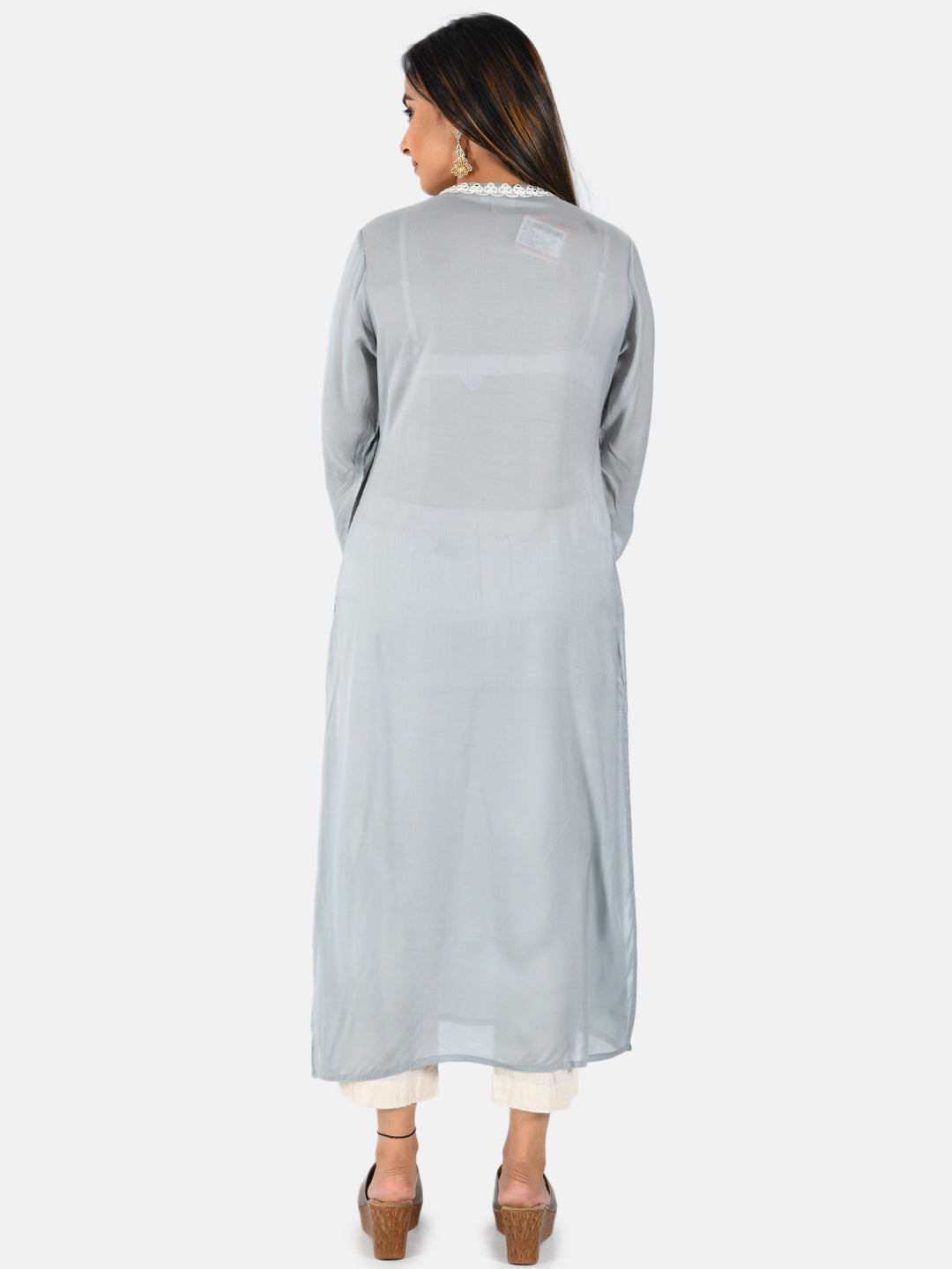 Neerus Women Grey  White Embroidered Yoke Design Straight Kurta With Mirror Work