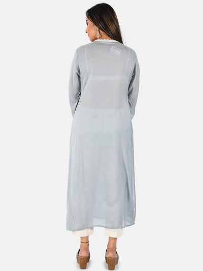 Neerus Women Grey  White Embroidered Yoke Design Straight Kurta With Mirror Work