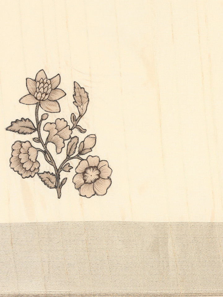 Cream Natural Dupion Saree With Floral Print