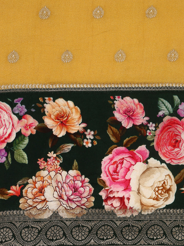 Yellow banarsi saree with floral print & zari border