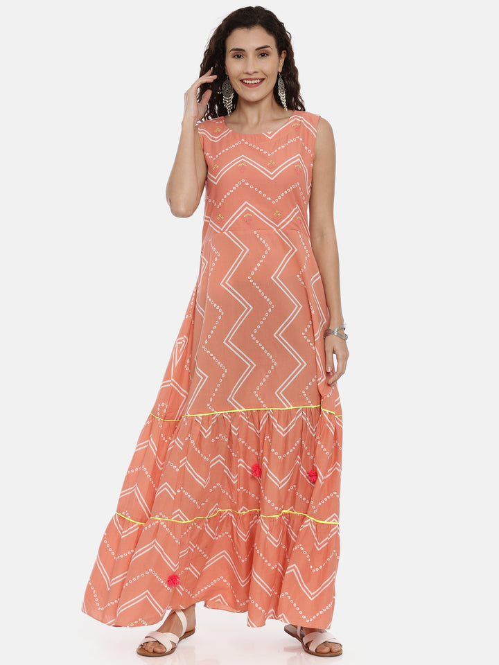 Neerus Pink printed anarkali kurta chevron - detail view 2