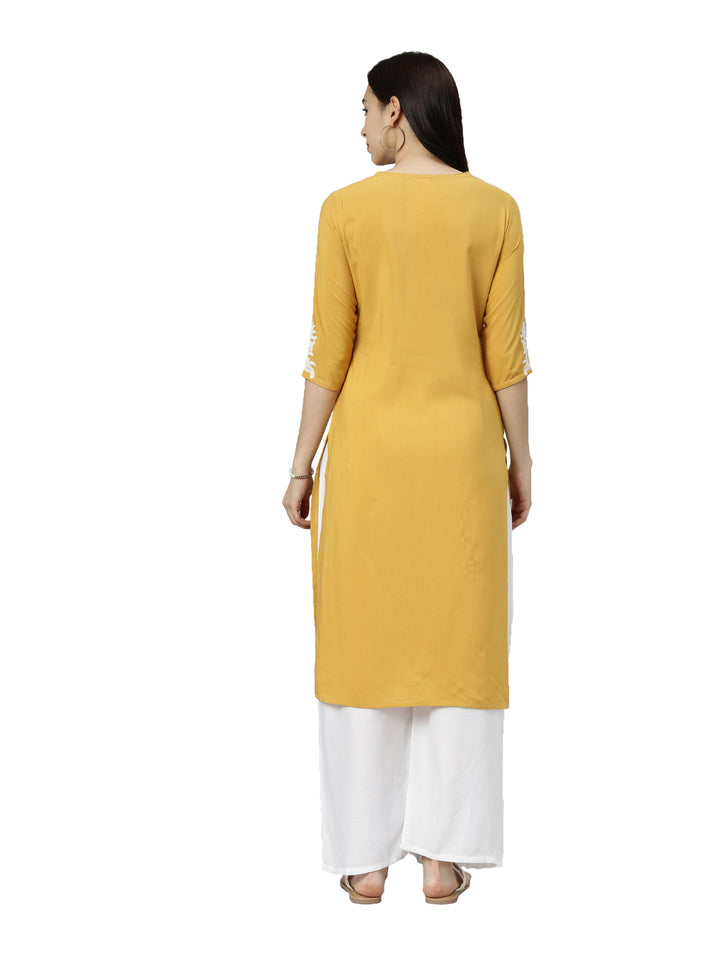 Neerus Yellow rayon thread embroidered kurti - detail view 2