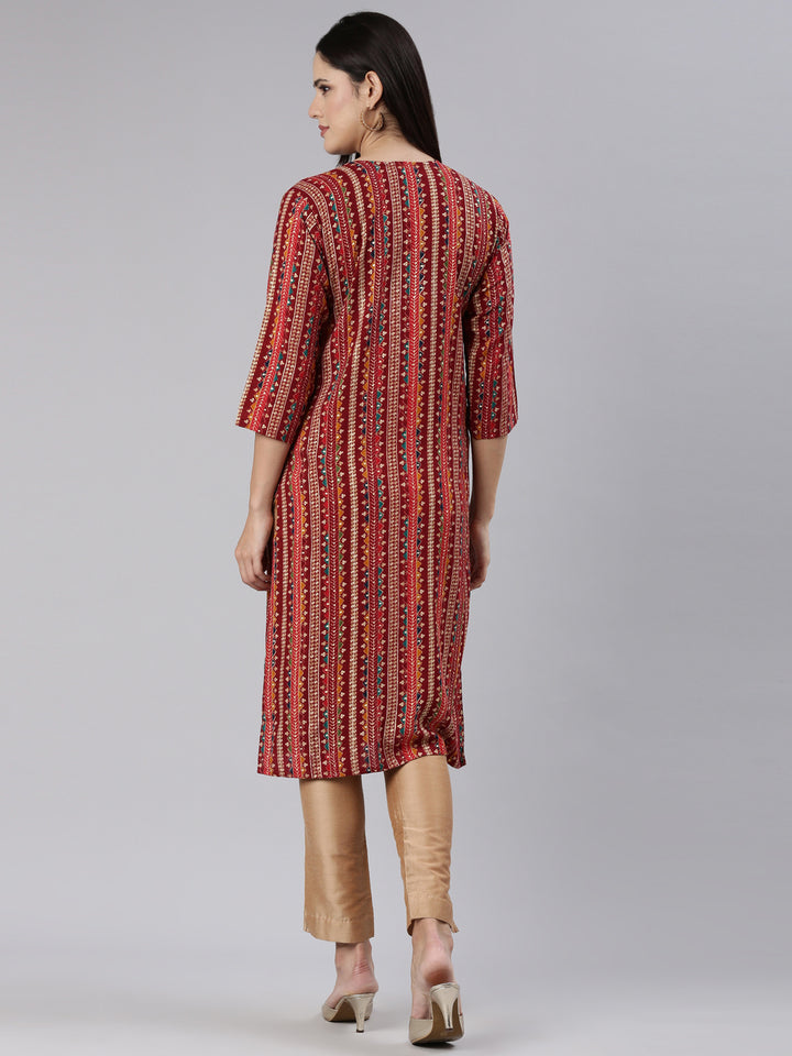 Neerus Maroon Regular Straight Chevron Kurtas