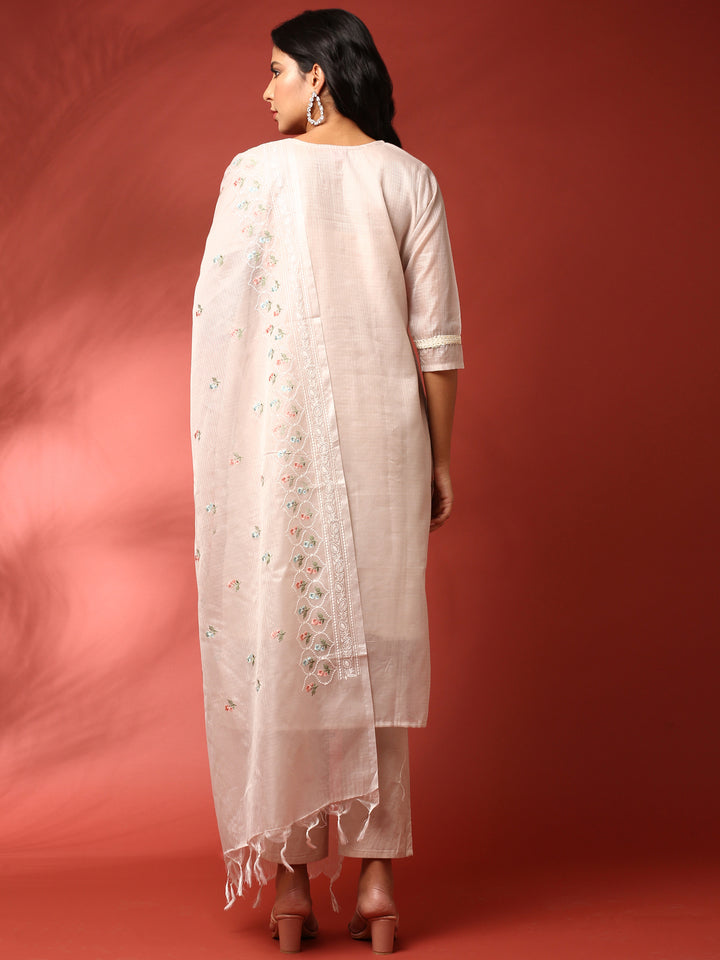 Beige chanderi thread work embroidery three piece suit set