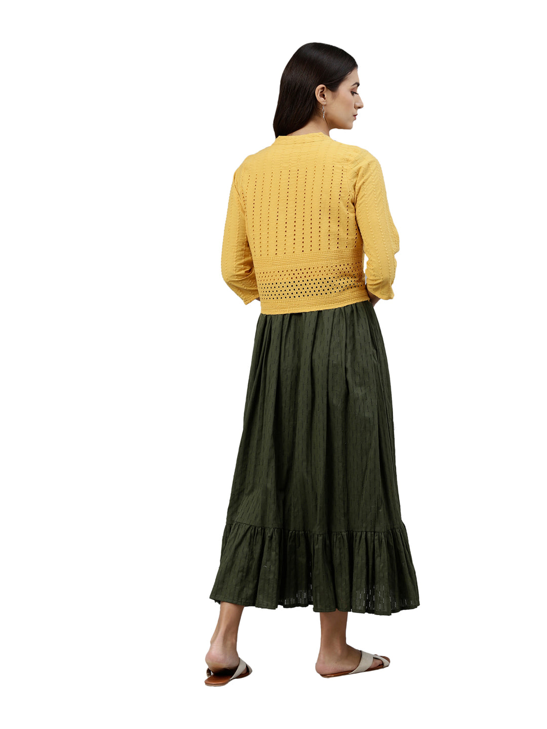 Neerus Green silk woven Anarkali kurta - side view