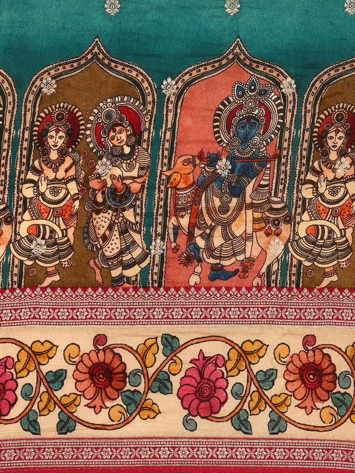 Green Banaras Silk Saree With Kalamkari Printed Border