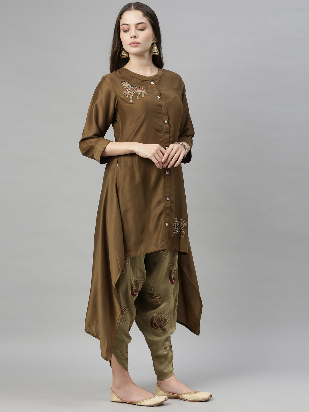 Neerus Women Olive Green Embroidered Kurta with Dhoti Pants
