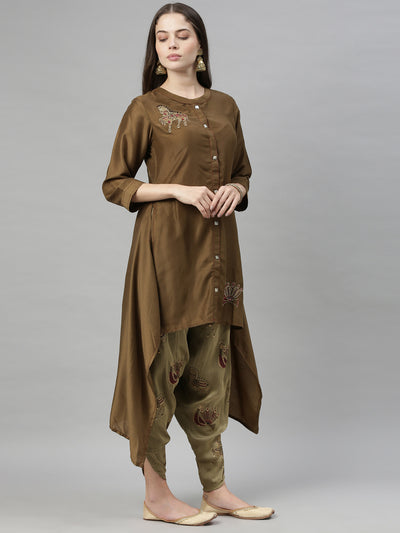 Neerus Women Olive Green Embroidered Kurta with Dhoti Pants
