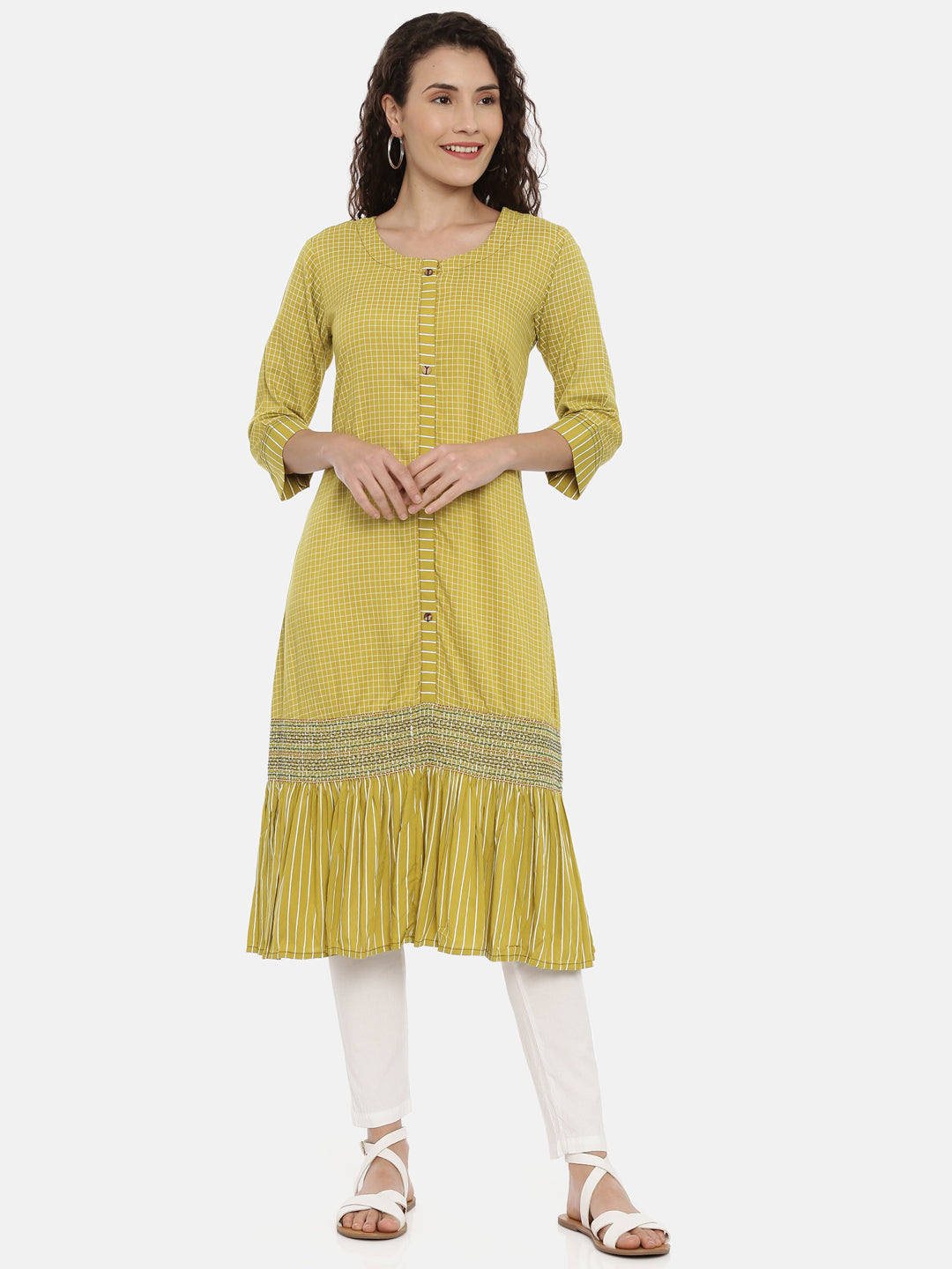 Neerus Women Lime Green White Checked A-Line Kurta