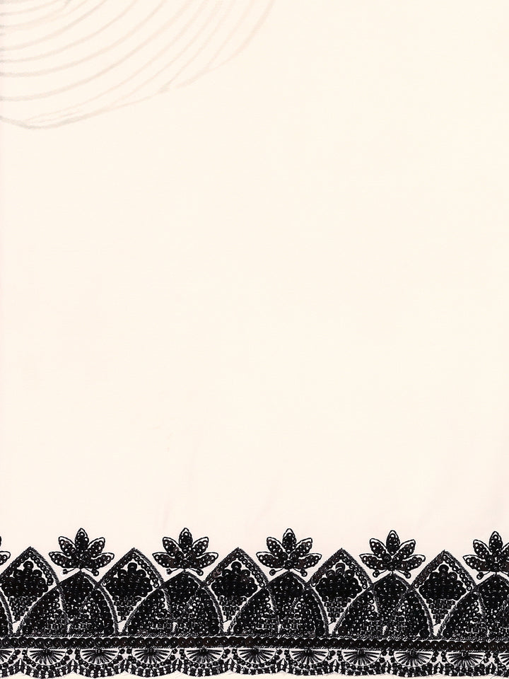 Black & white satin printed saree with hand embroidery & ready made blouse