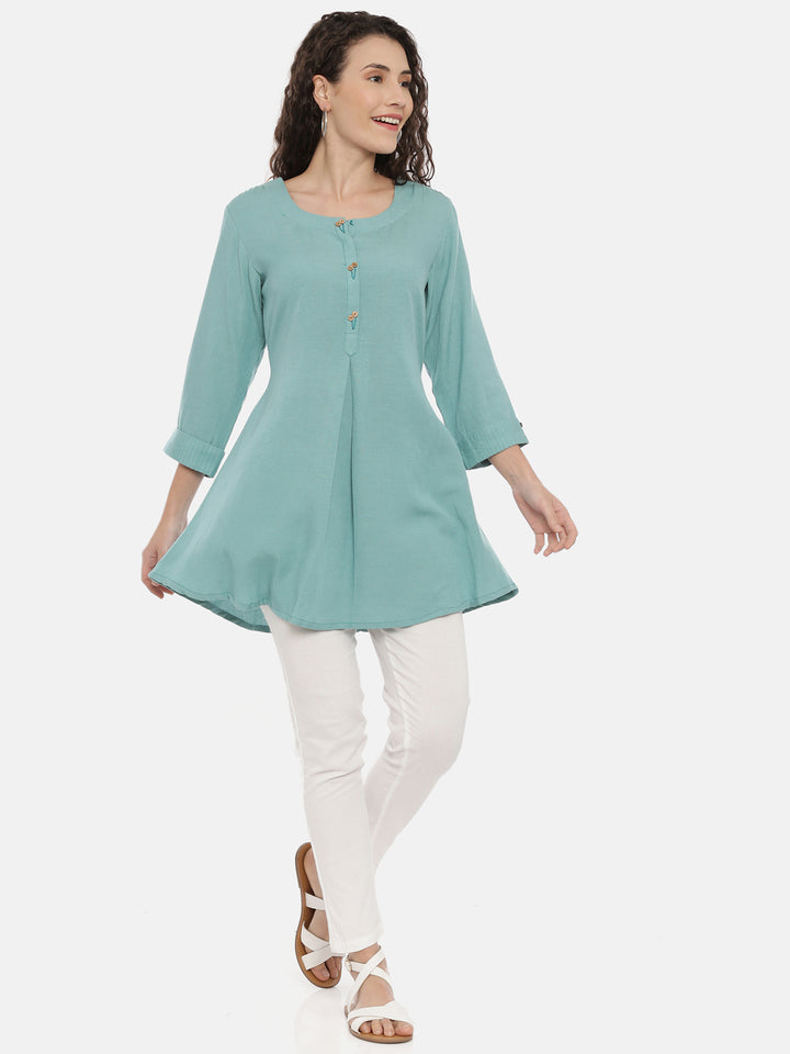 Neerus Green cotton thread embroidered kurti - detail view 2