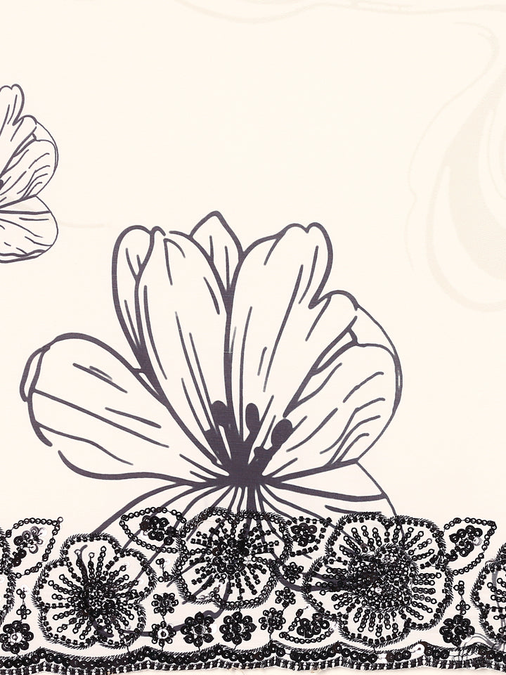 Black & White Satin Printed Saree With Hand Embroidery And Ready Made Blouse