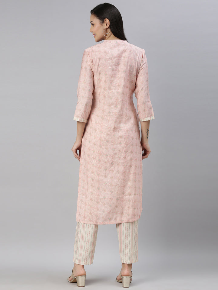 Neerus Women Pink Ethnic Motifs Printed Mirror Work Kurti with Trousers