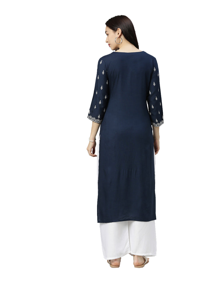 Neerus Women Navy Blue White Floral Embroidered Thread Work Kurta