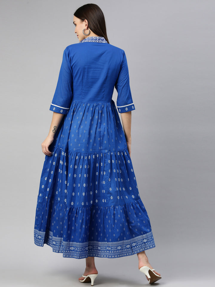 Neerus Women Blue Ethnic Motifs Embroidered Thread Work Cotton Anarkali Kurta