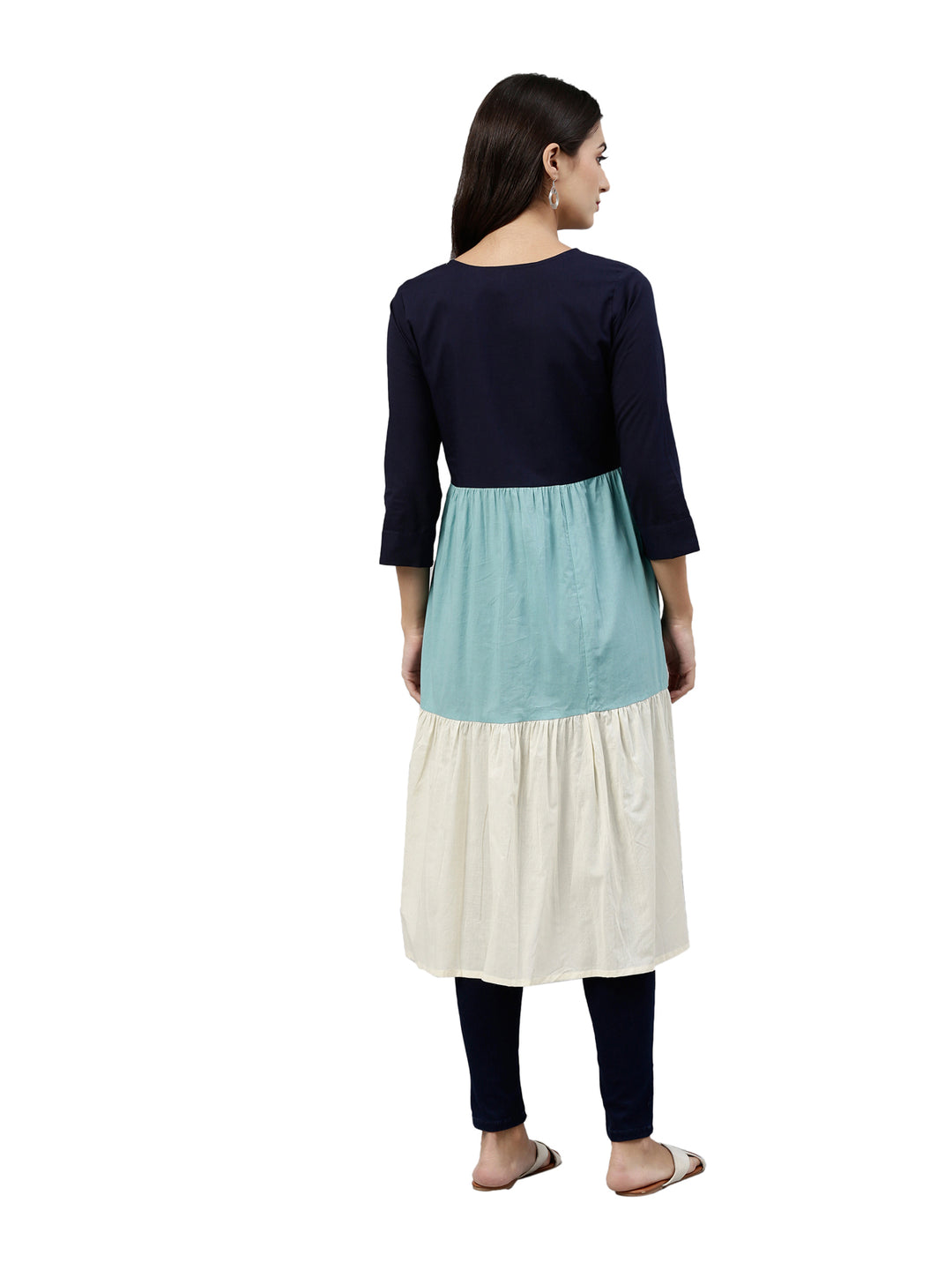 Neerus Blue rayon tiered kurti - side view
