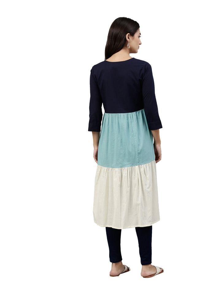 Neerus Blue rayon tiered kurti - side view