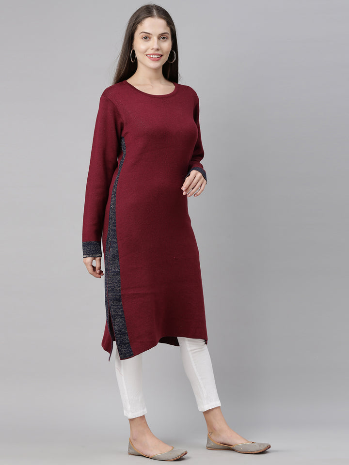 Neerus Women Maroon Acrylic Knitted Kurta