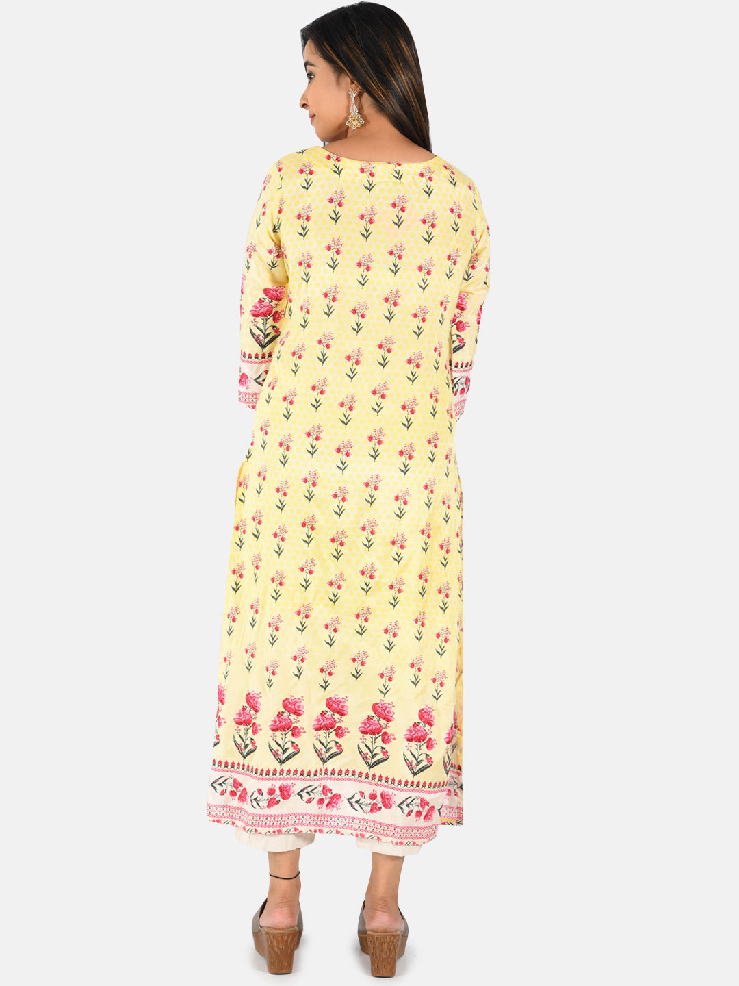 Neerus Yellow floral printed straight kurta - side view
