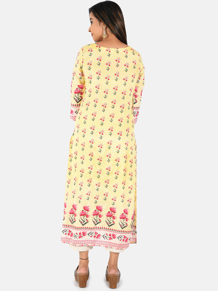 Neerus Yellow floral printed straight kurta - side view