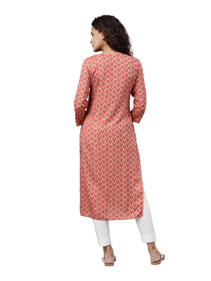 Neerus Women Red Quirky Printed Mirror Work Kurta