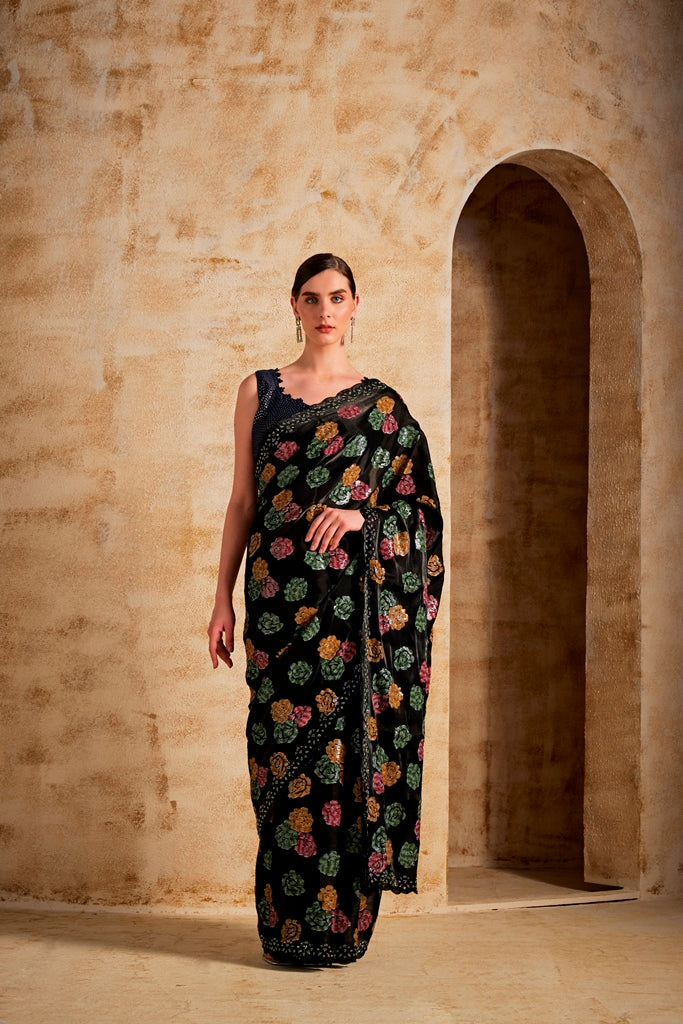 Neerus Black Color Jimmy Choo Fabric Saree