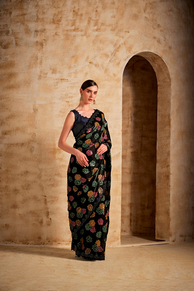 Neerus Black Color Jimmy Choo Fabric Saree