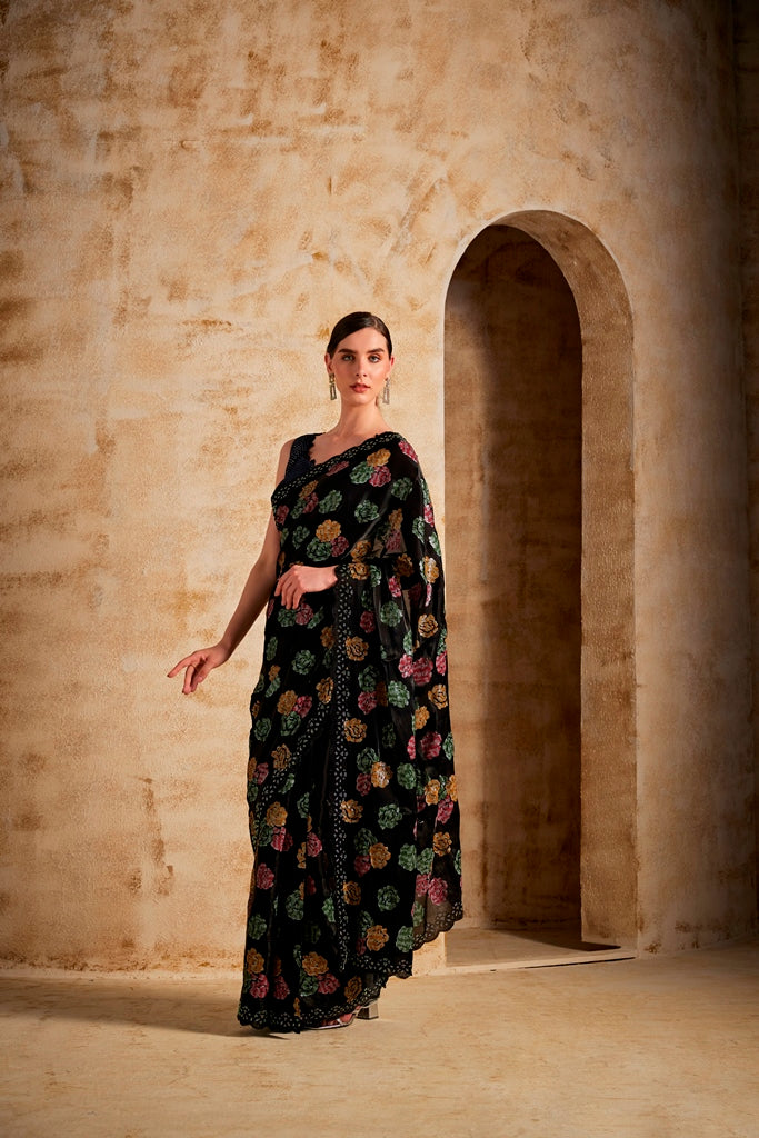 Neerus Black Color Jimmy Choo Fabric Saree