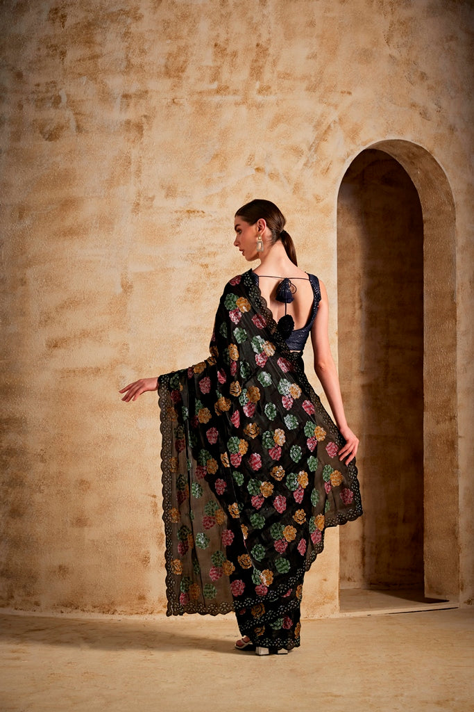 Neerus Black Color Jimmy Choo Fabric Saree