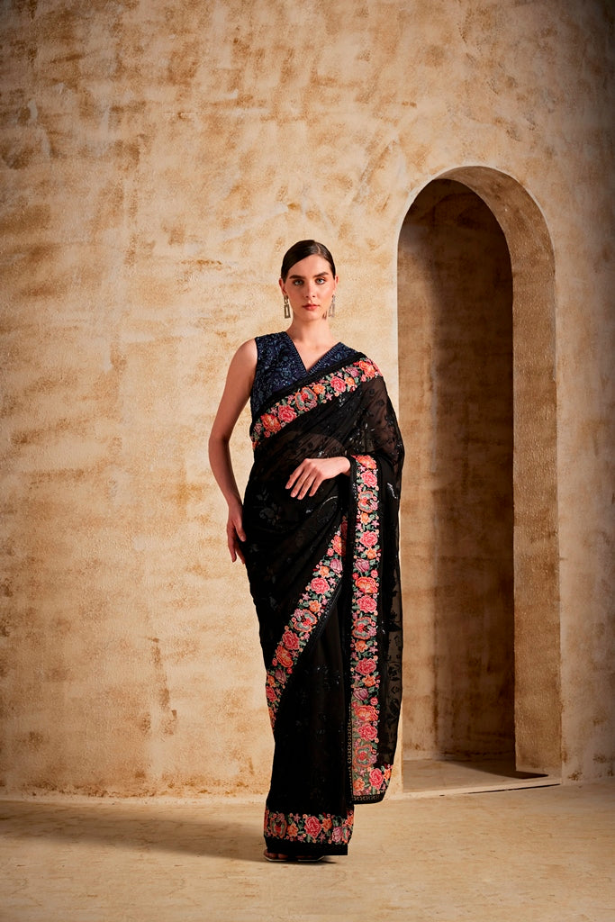Neerus Black Color Georgette Fabric Saree
