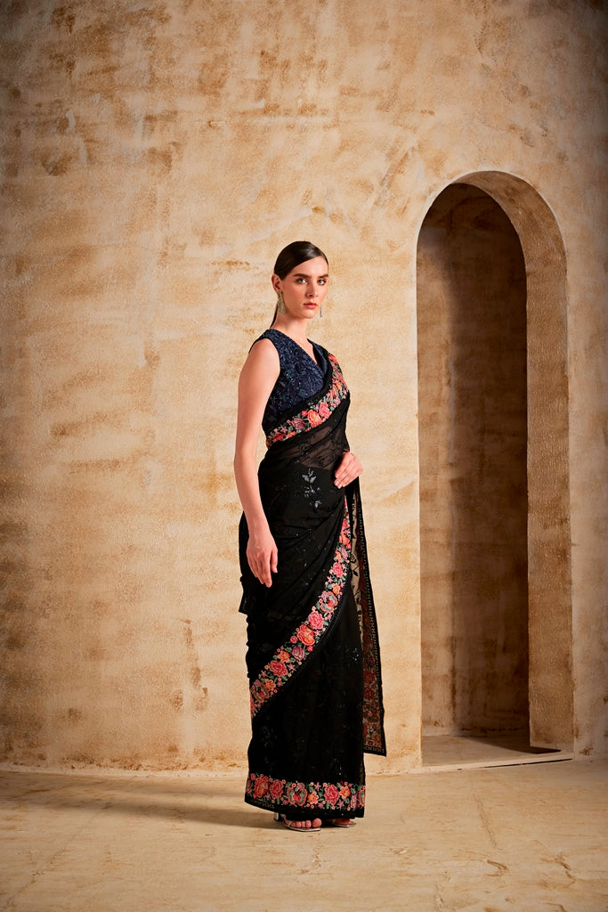 Neerus Black Color Georgette Fabric Saree