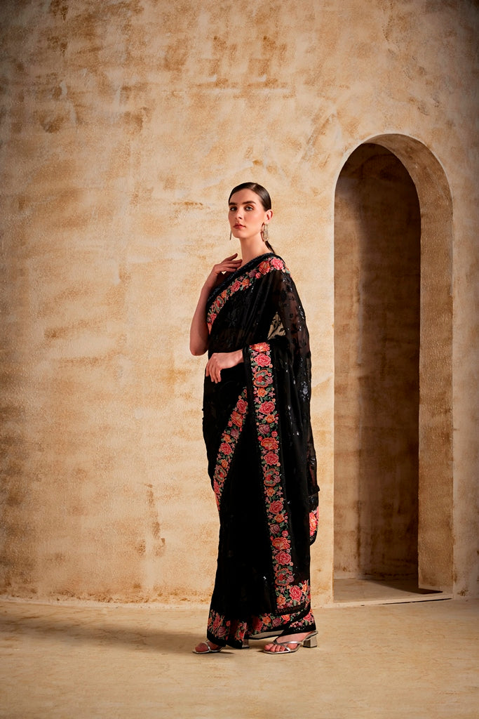 Neerus Black Color Georgette Fabric Saree