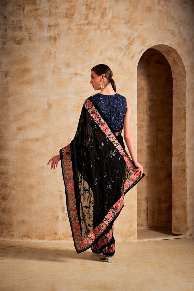 Neerus Black Color Georgette Fabric Saree