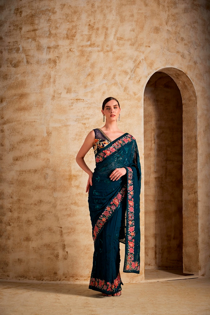 NEERU'S PEACOCK COLOR GEORGETTE FABRIC SAREE