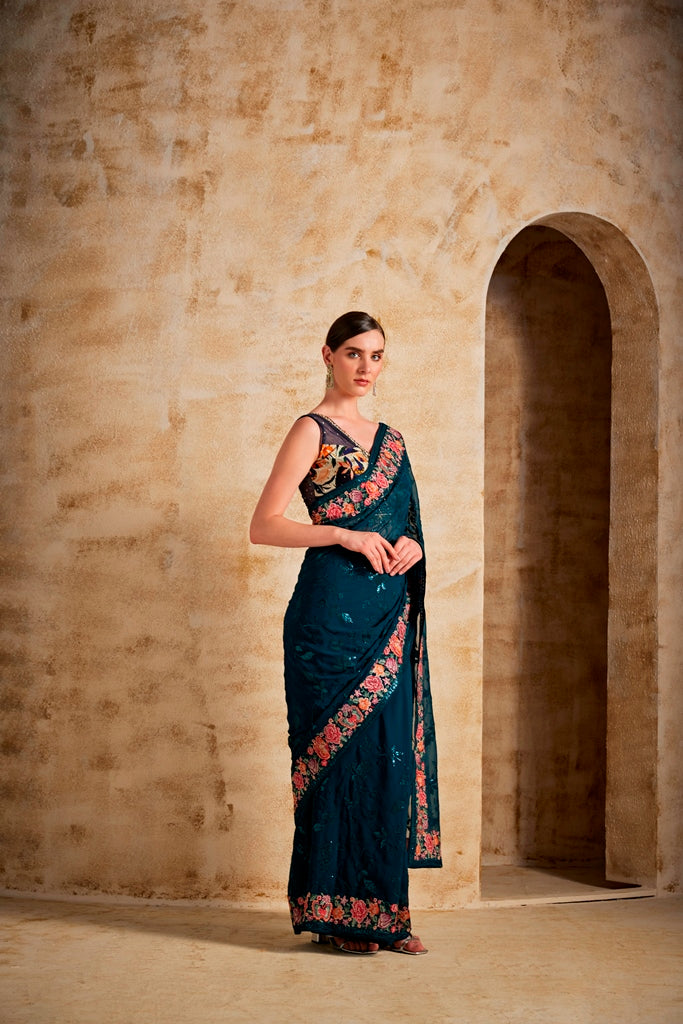 NEERU'S PEACOCK COLOR GEORGETTE FABRIC SAREE