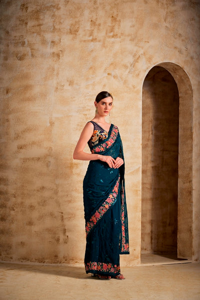 NEERU'S PEACOCK COLOR GEORGETTE FABRIC SAREE